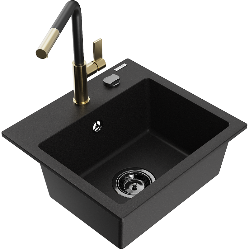 Mexen Milo 1-compartment granite sink with a kitchen mixer tap Flora, Black - 6505-77-670401-57-B