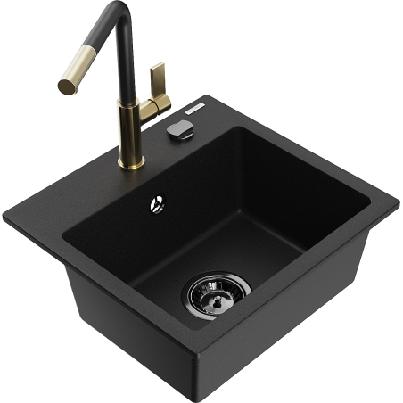 Mexen Milo 1-compartment granite sink with a kitchen mixer tap Flora, Black - 6505-77-670401-57-B