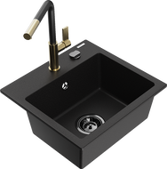 Mexen Milo 1-compartment granite sink with a kitchen mixer tap Flora, Black - 6505-77-670401-57-B