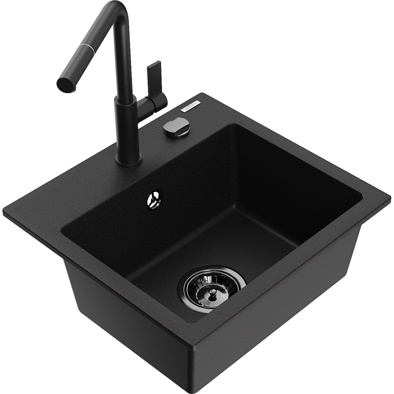 Mexen Milo 1-compartment granite sink with a kitchen mixer tap Flora, Black - 6505-77-670401-70-B