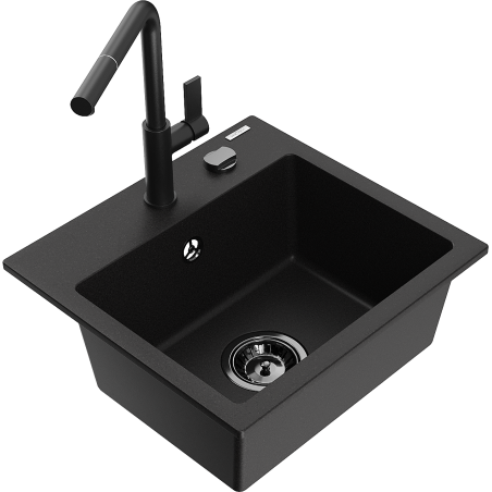 Mexen Milo granite kitchen sink 1-bowl with Flora kitchen faucet, black - 6505-77-670401-70-B