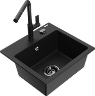 Mexen Milo granite kitchen sink 1-bowl with Flora kitchen faucet, black - 6505-77-670401-70-B