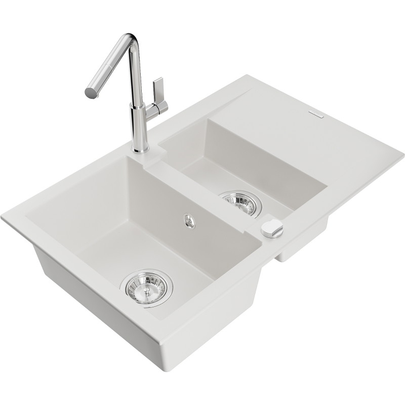 Mexen Gaspar 1.5-bowl granite sink with drainer and Flora kitchen faucet, white - 6507-20-670401-00