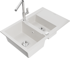 Mexen Gaspar 1.5-compartment granite sink with a drip tray and kitchen mixer tap Flora, White - 6507-20-670401-00