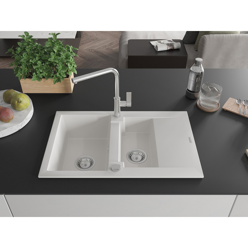 Mexen Gaspar granite sink 1.5-bowl with drainer and Flora kitchen faucet, white - 6507-20-670401-00