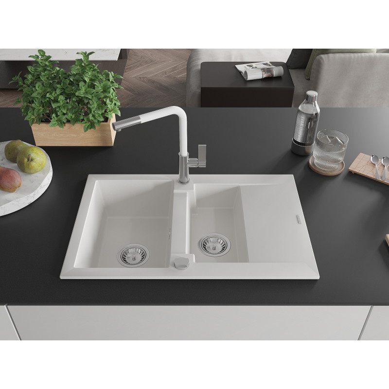 Mexen Gaspar granite sink 1.5-bowl with drainer and Flora kitchen faucet, white - 6507-20-670401-02