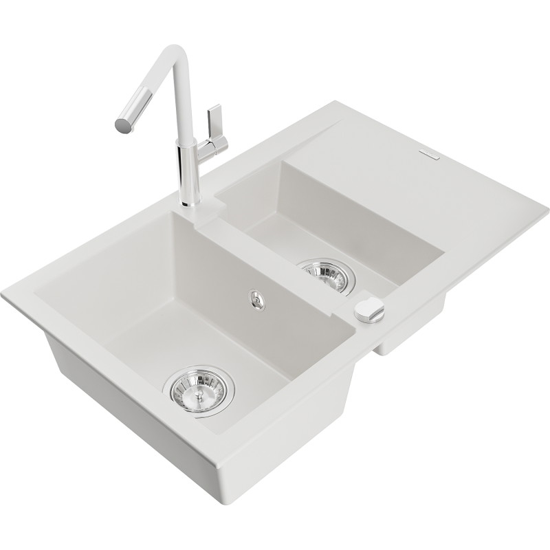 Mexen Gaspar granite sink 1.5-bowl with drainer and Flora kitchen faucet, white - 6507-20-670401-02