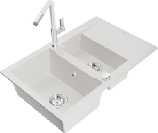 Mexen Gaspar 1.5-compartment granite sink with a drip tray and kitchen mixer tap Flora, White - 6507-20-670401-02