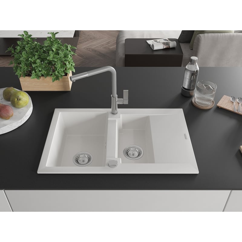 Mexen Gaspar granite kitchen sink 1.5-bowl with drainer and Flora kitchen faucet, white - 6507-20-670401-06