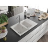 Mexen Gaspar granite kitchen sink 1.5-bowl with drainer and Flora kitchen faucet, white - 6507-20-670401-06