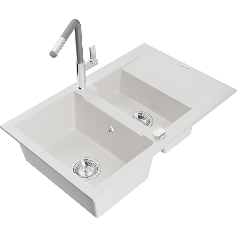 Mexen Gaspar 1.5-bowl granite sink with drainer and Flora kitchen faucet, white - 6507-20-670401-06