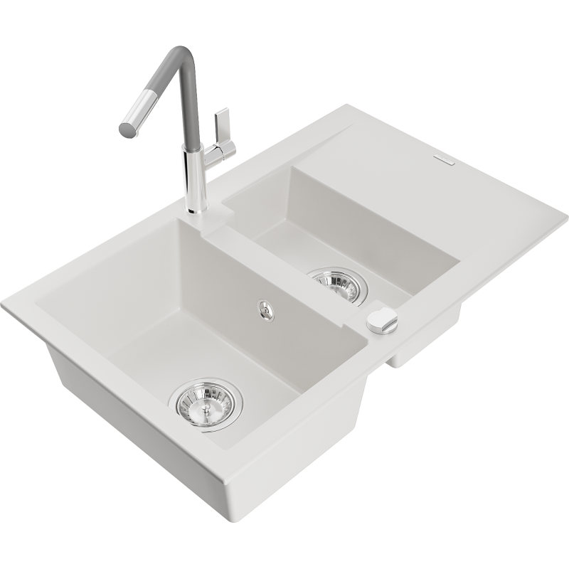 Mexen Gaspar 1.5-compartment granite sink with a drip tray and kitchen mixer tap Flora, White - 6507-20-670401-06
