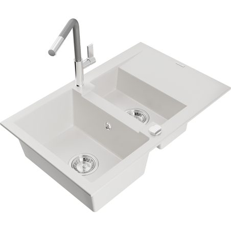 Mexen Gaspar 1.5-bowl granite sink with drainer and Flora kitchen faucet, white - 6507-20-670401-06
