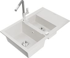 Mexen Gaspar 1.5-bowl granite sink with drainer and Flora kitchen faucet, white - 6507-20-670401-06