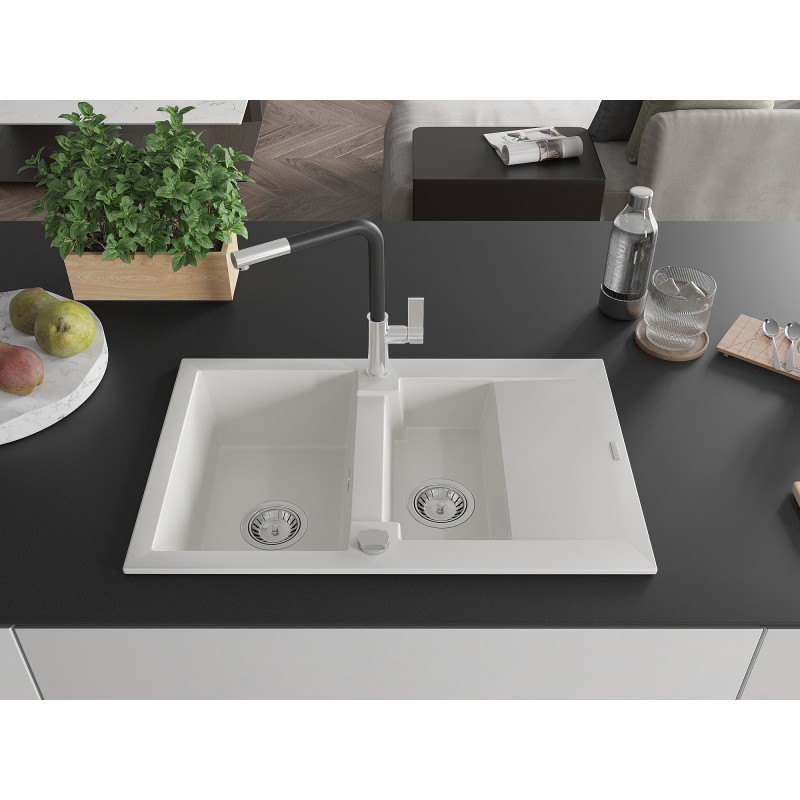Mexen Gaspar granite sink 1.5-bowl with drainer and Flora kitchen faucet, white - 6507-20-670401-07