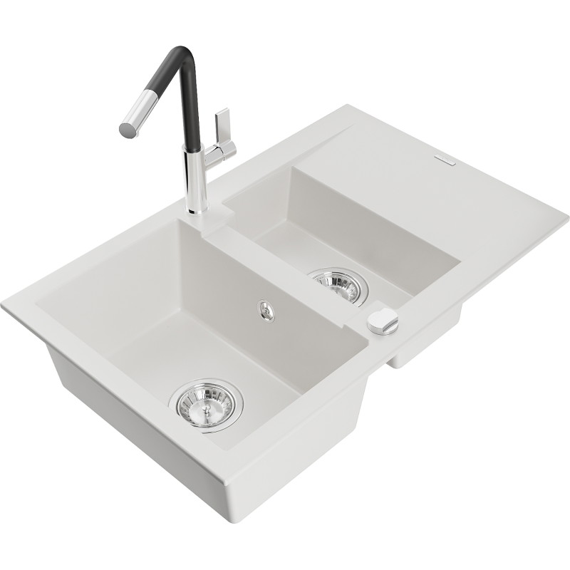 Mexen Gaspar granite sink 1.5-bowl with drainer and Flora kitchen faucet, white - 6507-20-670401-07