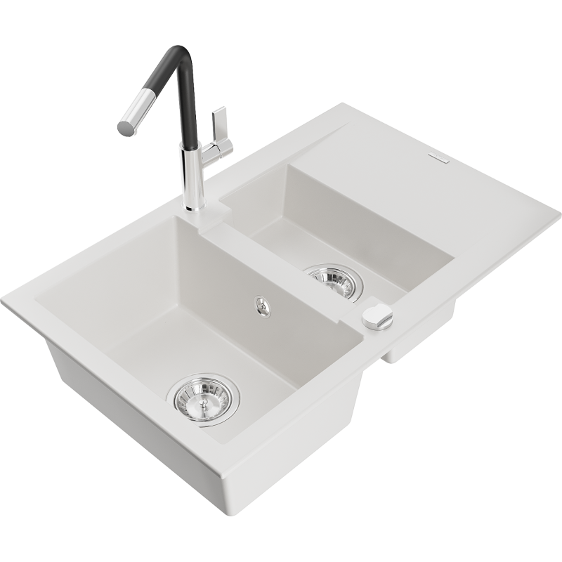 Mexen Gaspar granite sink 1.5-bowl with drainer and Flora kitchen tap, white - 6507-20-670401-07