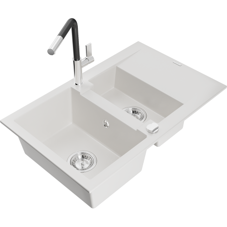 Mexen Gaspar 1.5-compartment granite sink with a drip tray and kitchen mixer tap Flora, White - 6507-20-670401-07