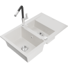 Mexen Gaspar 1.5-bowl granite sink with drainer and Flora kitchen faucet, white - 6507-20-670401-07