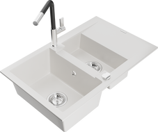 Mexen Gaspar 1.5-bowl granite sink with drainer and Flora kitchen faucet, white - 6507-20-670401-07