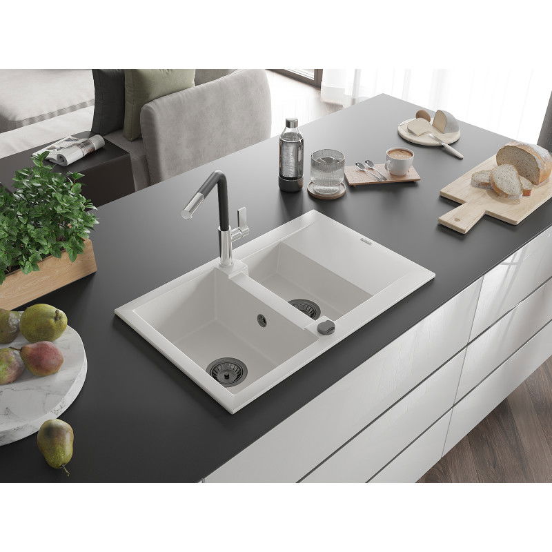 Mexen Gaspar granite sink 1.5-bowl with drainer and Flora kitchen tap, white - 6507-20-670401-07-B