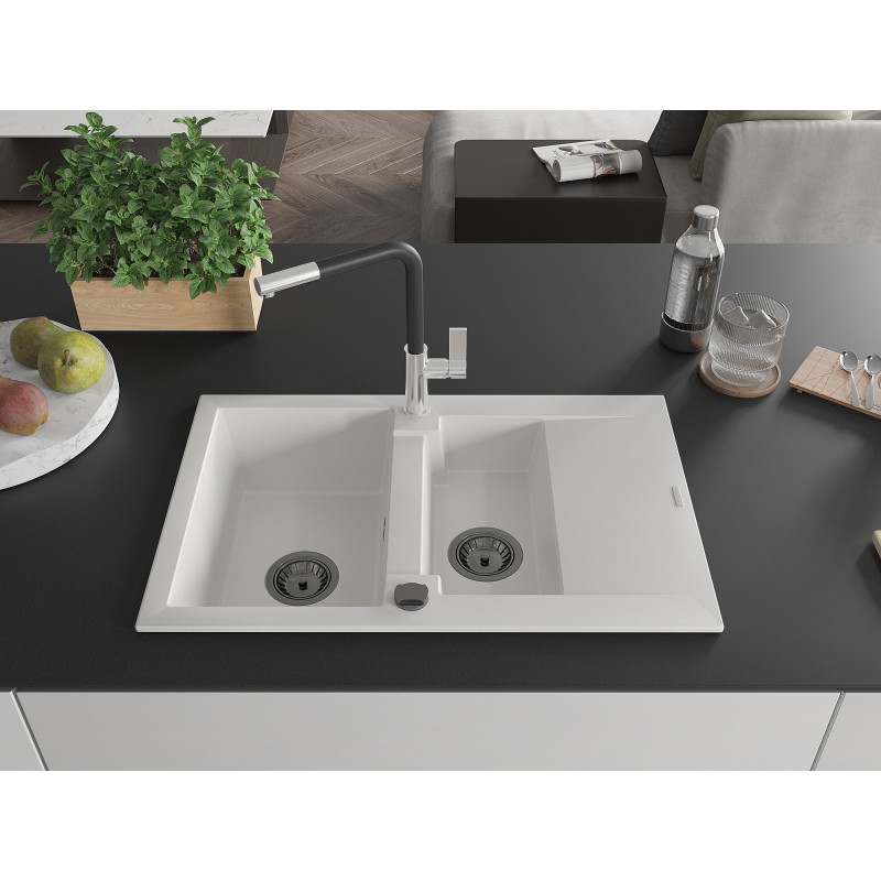 Mexen Gaspar 1.5-bowl granite sink with drainer and Flora kitchen faucet, white - 6507-20-670401-07-B