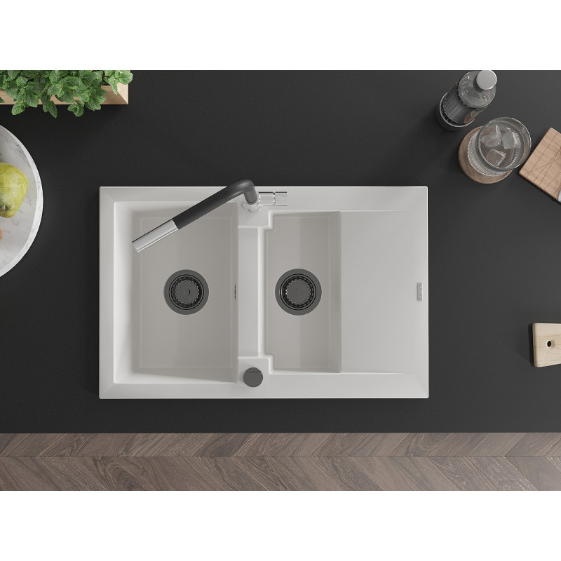 Mexen Gaspar 1.5-bowl granite sink with drainer and Flora kitchen faucet, white - 6507-20-670401-07-B