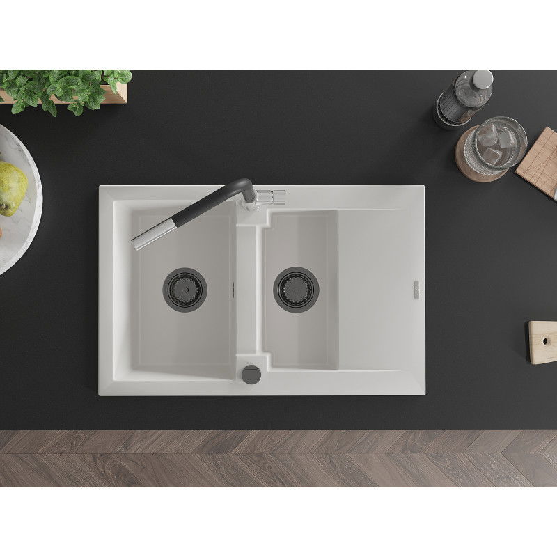 Mexen Gaspar granite sink 1.5-bowl with drainer and Flora kitchen tap, white - 6507-20-670401-07-B