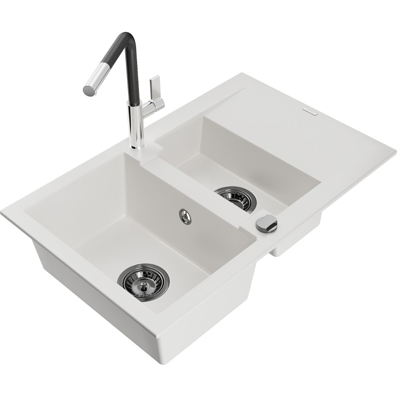 Mexen Gaspar 1.5-bowl granite sink with drainer and Flora kitchen faucet, white - 6507-20-670401-07-B
