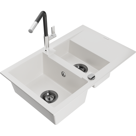 Mexen Gaspar 1.5-bowl granite sink with drainer and Flora kitchen faucet, white - 6507-20-670401-07-B
