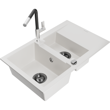 Mexen Gaspar 1.5-compartment granite sink with a drip tray and kitchen mixer tap Flora, White - 6507-20-670401-07-B