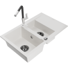 Mexen Gaspar 1.5-compartment granite sink with a drip tray and kitchen mixer tap Flora, White - 6507-20-670401-07-B