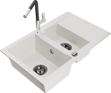 Mexen Gaspar 1.5-compartment granite sink with a drip tray and kitchen mixer tap Flora, White - 6507-20-670401-07-B