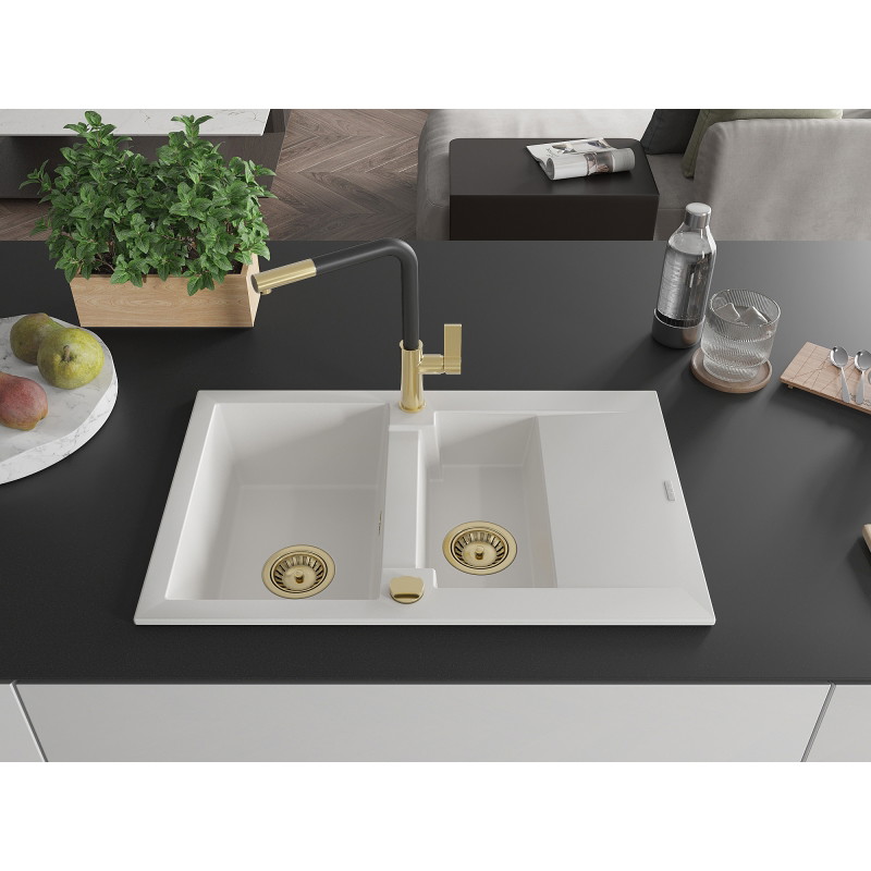 Mexen Gaspar granite sink 1.5-bowl with drainer and Flora kitchen faucet, white - 6507-20-670401-57-G