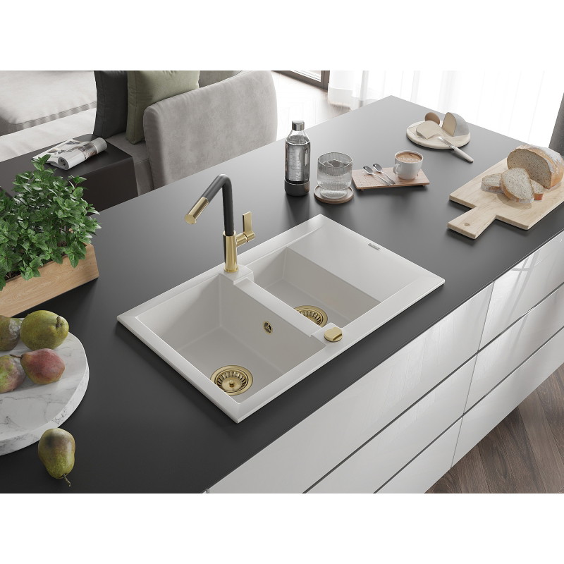 Mexen Gaspar granite sink 1.5-bowl with drainer and Flora kitchen faucet, white - 6507-20-670401-57-G