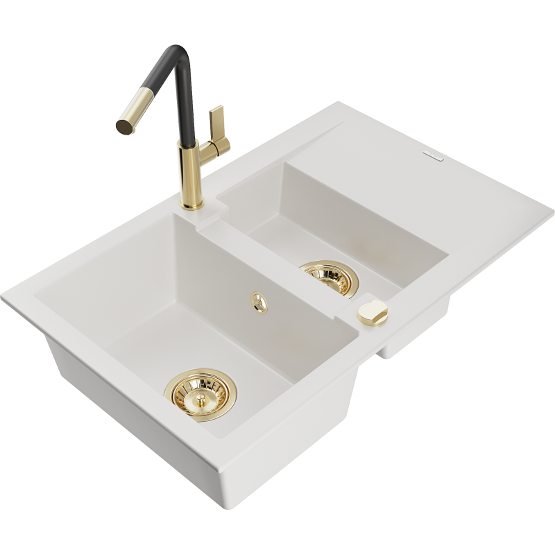 Mexen Gaspar 1.5-bowl granite sink with drainer and Flora kitchen tap, white - 6507-20-670401-57-G
