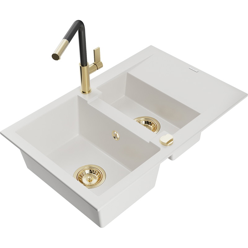 Mexen Gaspar 1.5-bowl granite sink with drainer and kitchen faucet Flora, white - 6507-20-670401-57-G