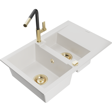 Mexen Gaspar 1.5-bowl granite sink with drainer and Flora kitchen tap, white - 6507-20-670401-57-G