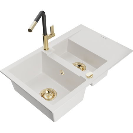 Mexen Gaspar granite sink 1.5-bowl with drainer and Flora kitchen faucet, white - 6507-20-670401-57-G
