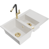 Mexen Gaspar 1.5-compartment granite sink with a drip tray and kitchen mixer tap Flora, White - 6507-20-670401-57-G