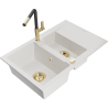 Mexen Gaspar granite sink 1.5-bowl with drainer and Flora kitchen faucet, white - 6507-20-670401-57-G