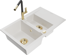 Mexen Gaspar granite sink 1.5-bowl with drainer and Flora kitchen faucet, white - 6507-20-670401-57-G