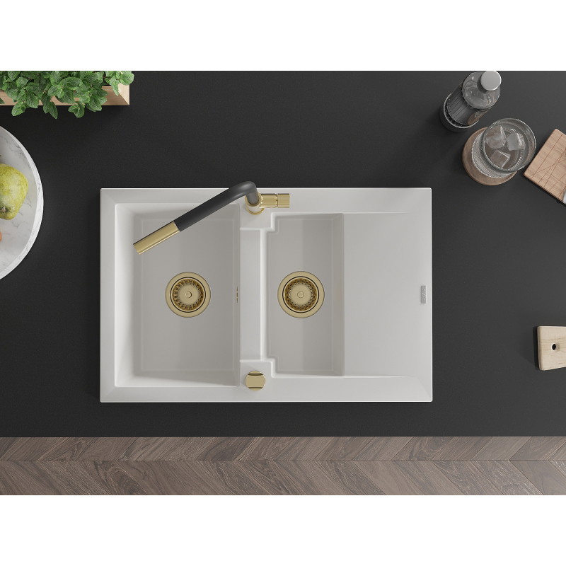 Mexen Gaspar granite sink 1.5-bowl with drainer and Flora kitchen faucet, white - 6507-20-670401-57-G