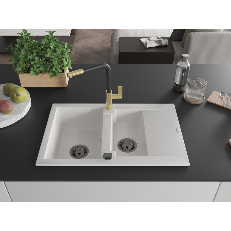 Mexen Gaspar granite sink 1.5-bowl with drainer and Flora kitchen faucet, white - 6507-20-670401-57-B