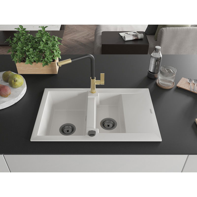 Mexen Gaspar granite sink 1.5-bowl with drainer and Flora kitchen tap, white - 6507-20-670401-57-B