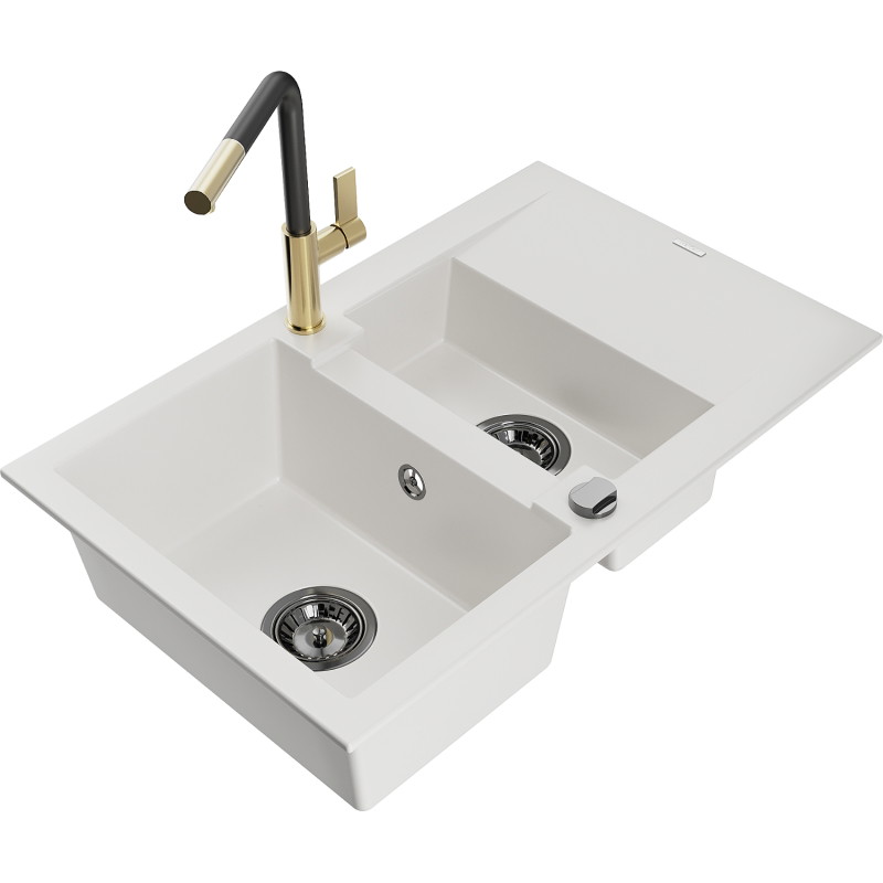 Mexen Gaspar granite sink 1.5-bowl with drainer and Flora kitchen faucet, white - 6507-20-670401-57-B