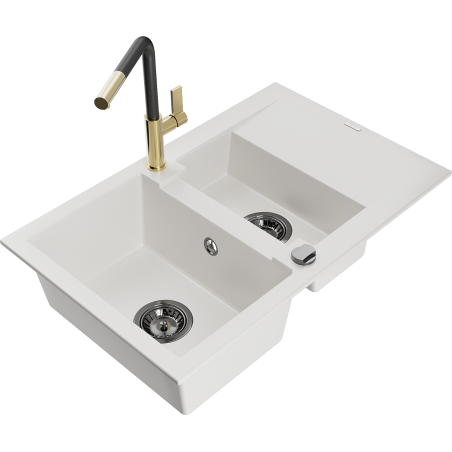 Mexen Gaspar granite sink 1.5-bowl with drainer and Flora kitchen faucet, white - 6507-20-670401-57-B