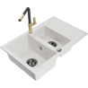 Mexen Gaspar 1.5-compartment granite sink with a drip tray and kitchen mixer tap Flora, White - 6507-20-670401-57-B