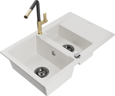 Mexen Gaspar granite sink 1.5-bowl with drainer and Flora kitchen tap, white - 6507-20-670401-57-B