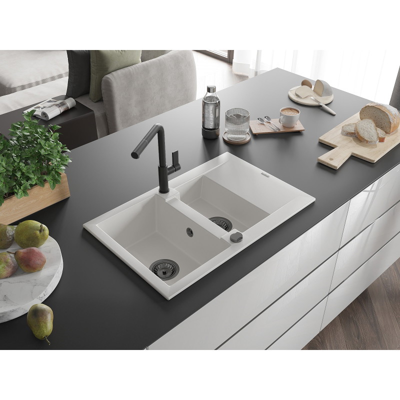 Mexen Gaspar granite sink 1.5-bowl with drainer and Flora kitchen faucet, white - 6507-20-670401-70-B